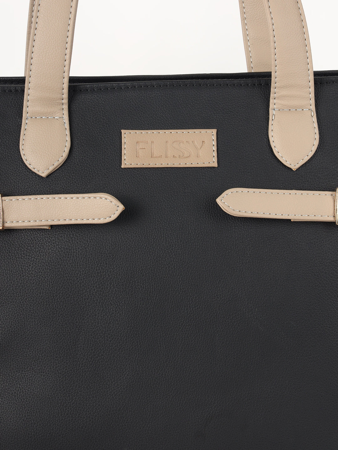 Classic Black Tote with Beige Buckle Accents