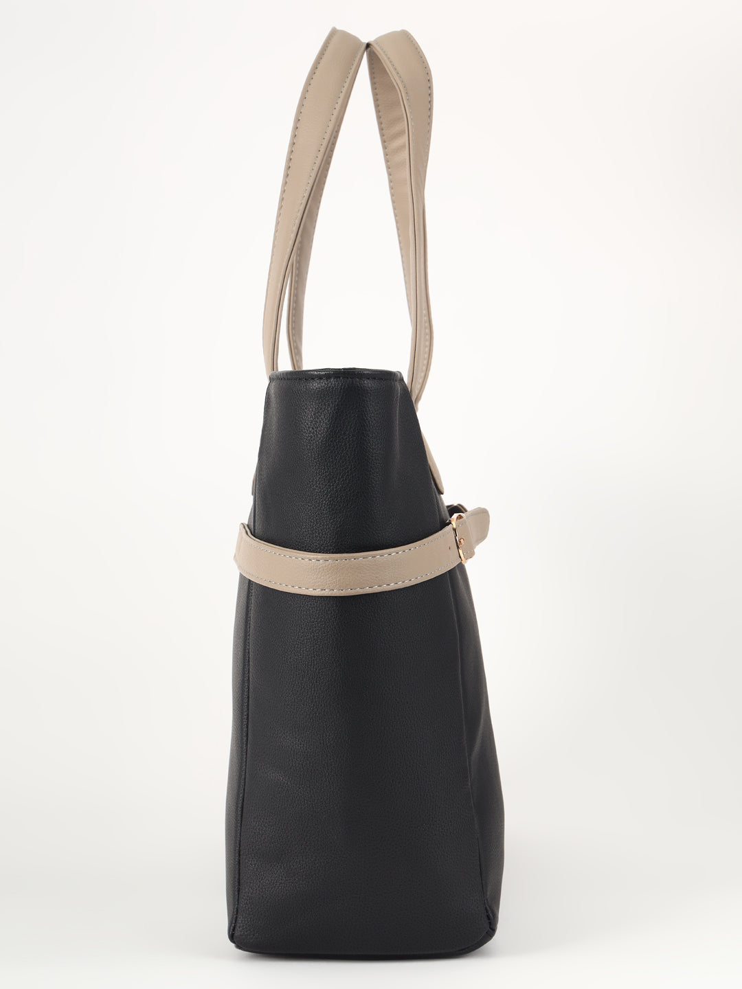 Classic Black Tote with Beige Buckle Accents