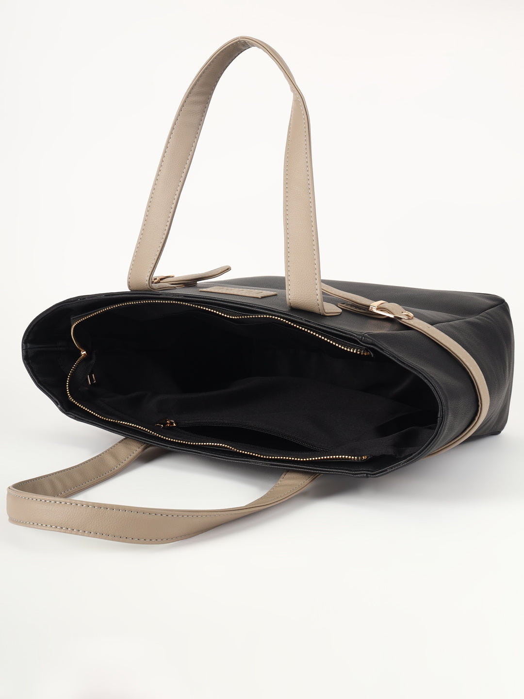 Classic Black Tote with Beige Buckle Accents